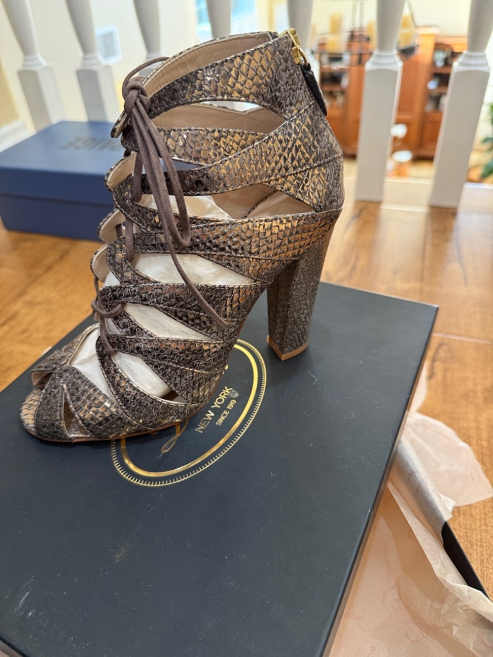 Delman Brown Snake-Effect Lace-Up Block Heel Sandal